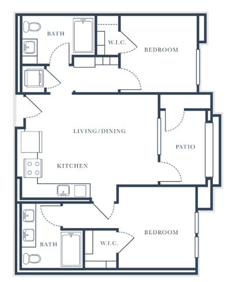 A floor plan of a house with a living room, dining room, kitchen, and two bedrooms.